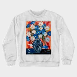 A beautiful bouquet of mixed flowers in a turquoise and blue and gold . Crewneck Sweatshirt